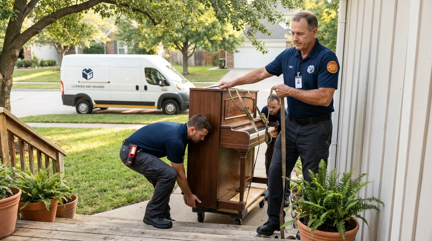 Licensed piano movers securing grand piano in Columbus, IN