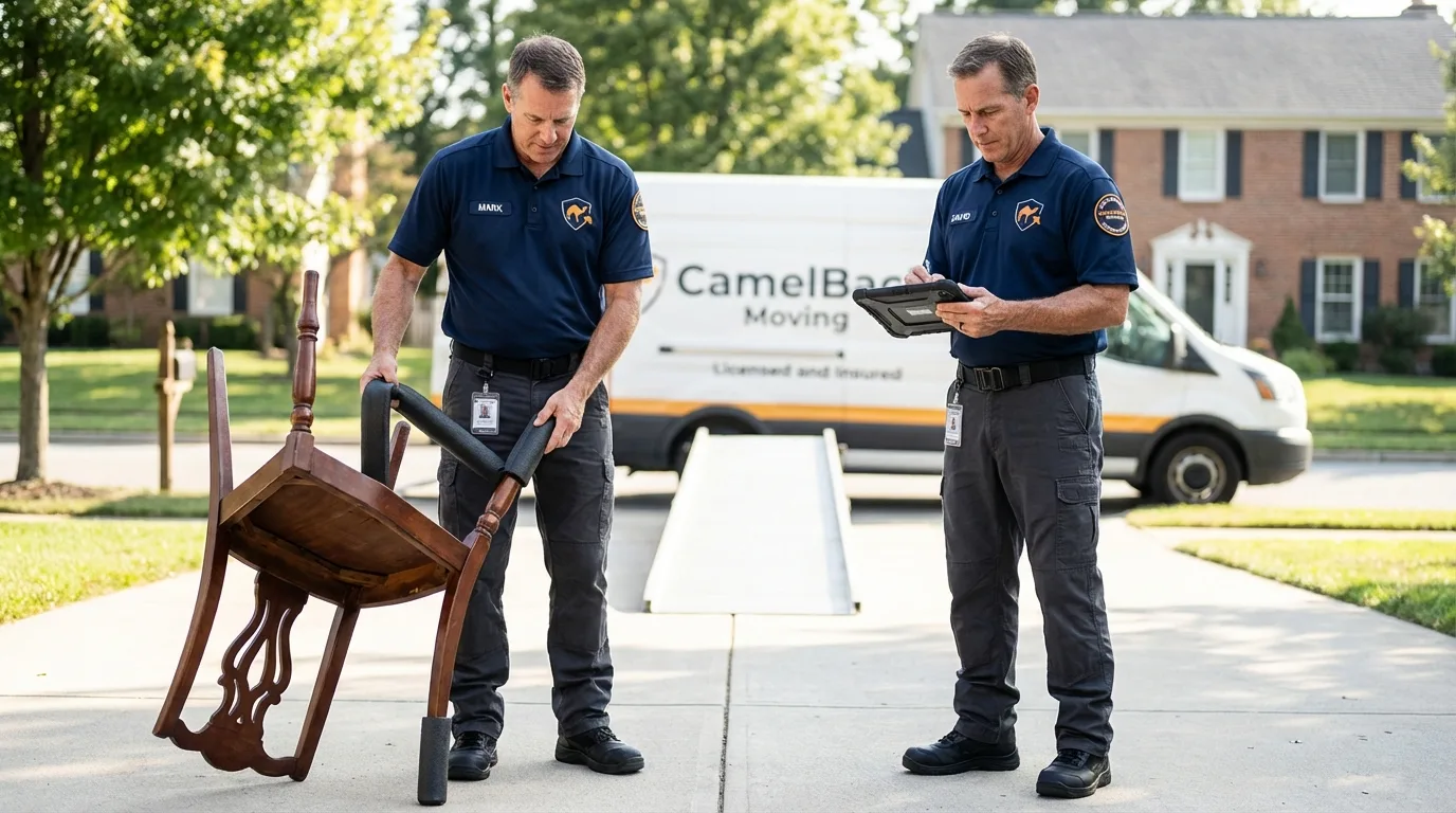 Movers inspecting furniture for damage prevention before loading in Columbus, IN
