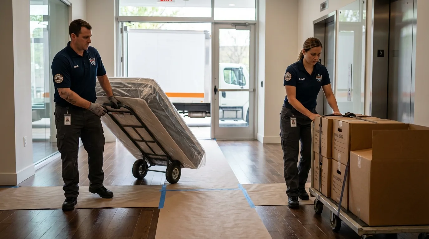 Professional apartment movers loading elevator in Columbus, IN